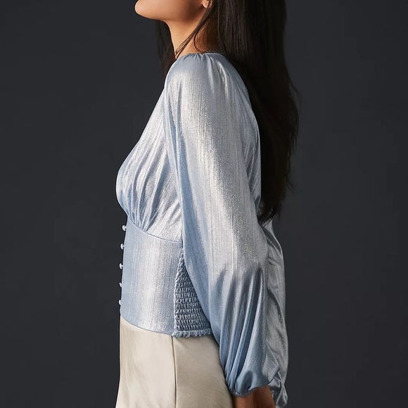 ANTHROPOLOGIE Shine Smocked V-neck Blouse Top Blue Size M NWT - Picture 3 of 9